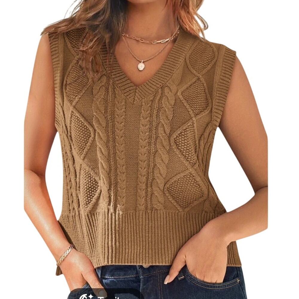 Shein Women's Small Brown V-Neck Sweater Knit Solid Casual Ribbed Vest